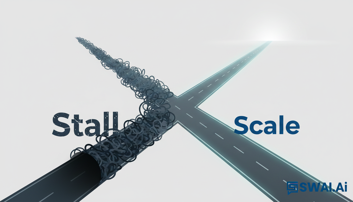 An abstract illustration depicting a crossroads for a business. One path is cluttered, chaotic, and leads downwards, labeled 'Stall'. The other path is a clean, streamlined, ascending highway labeled 'Scale'. The visual style is modern and minimalist, using the brand's core color palette. Aspect ratio: 16:9.