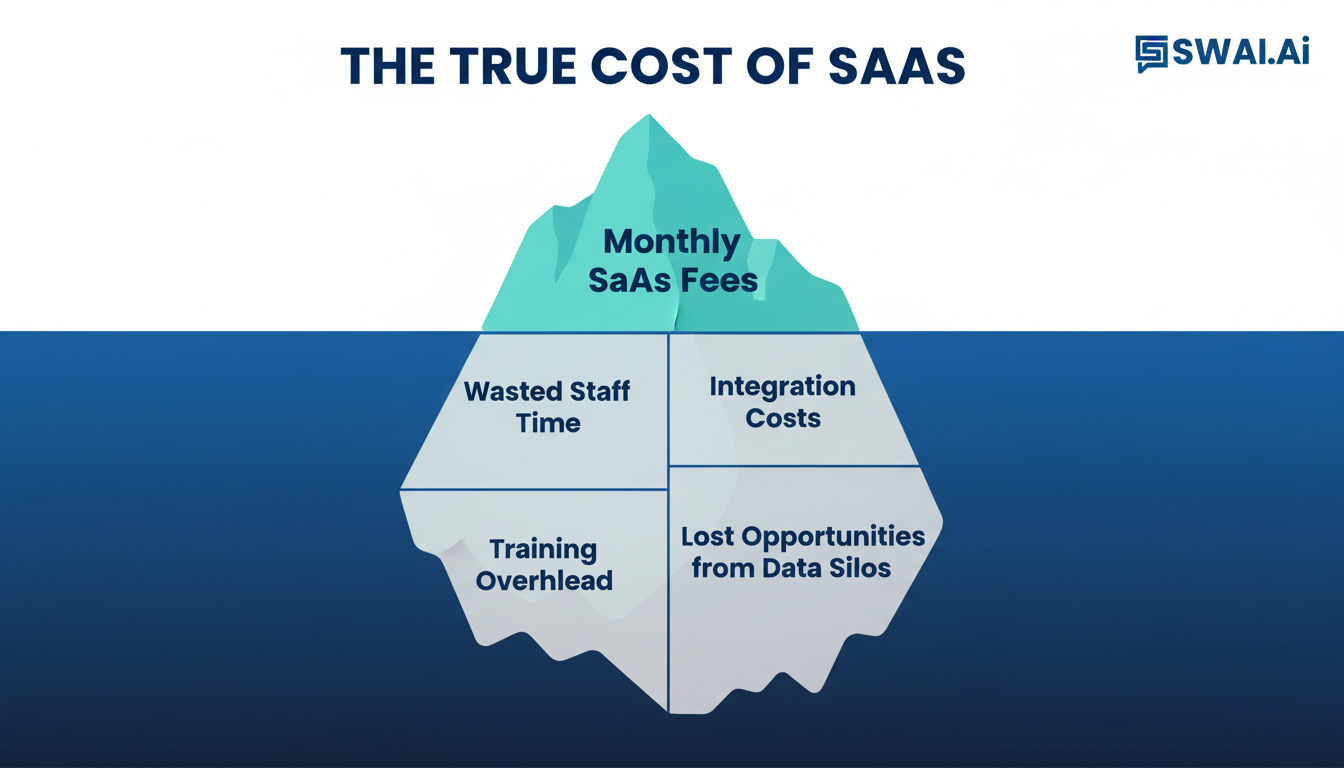 An infographic in the style of an iceberg. The visible tip is labeled 'Monthly SaaS Fees.' The much larger, submerged part of the iceberg is broken into sections labeled 'Wasted Staff Time,' 'Integration Costs,' 'Lost Opportunities from Data Silos,' and 'Training Overhead.' Use brand colors for a clean, professional look. Aspect ratio: 1:1.