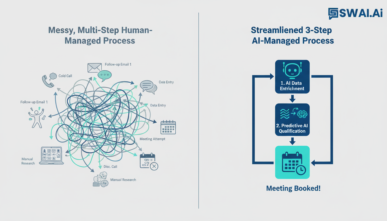 A clean, modern infographic comparing a messy, multi-step lead qualification process with many human touchpoints to a streamlined 3-step autonomous process managed by AI, showing a final result of a calendar booking. Aspect ratio: 1:1.