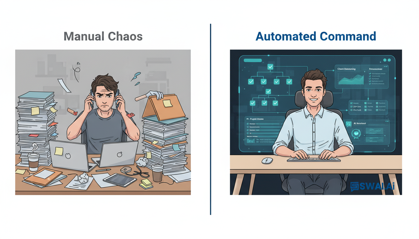 A split-screen digital illustration contrasting two agency models. On the left, titled 'Manual Chaos,' a frustrated agency owner juggles phones, laptops, and paperwork in a cluttered environment. On the right, titled 'Automated Command,' a calm, confident founder oversees a clean, digital dashboard displaying automated workflows. The visual style is modern and uses the brand's color palette. Aspect ratio: 16:9.
