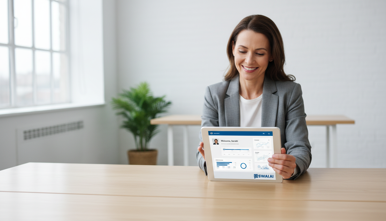 A realistic photo showing a new client smiling as they look at a tablet displaying a personalized welcome dashboard. The scene is professional and clean, suggesting a smooth and efficient onboarding process. The brand's colors are subtly integrated into the dashboard's UI. Aspect ratio: 16:9.