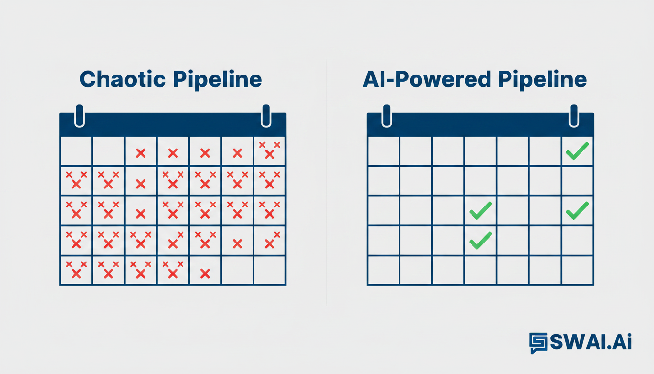 A simple, clean infographic comparing two calendars side-by-side. The left calendar, titled 'Chaotic Pipeline,' is cluttered with many small, red X's representing wasted calls. The right calendar, titled 'AI-Powered Pipeline,' shows only a few, larger green checkmarks representing highly qualified appointments. Use brand colors. Aspect ratio: 1:1.