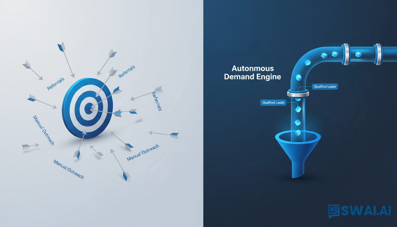 A split-panel illustration. The left side shows a chaotic scene with random arrows labeled 'Referrals' and 'Manual Outreach' hitting a target inconsistently. The right side shows a single, powerful, streamlined pipeline labeled 'Autonomous Demand Engine' consistently feeding qualified leads into a funnel. Aspect ratio: 16:9.