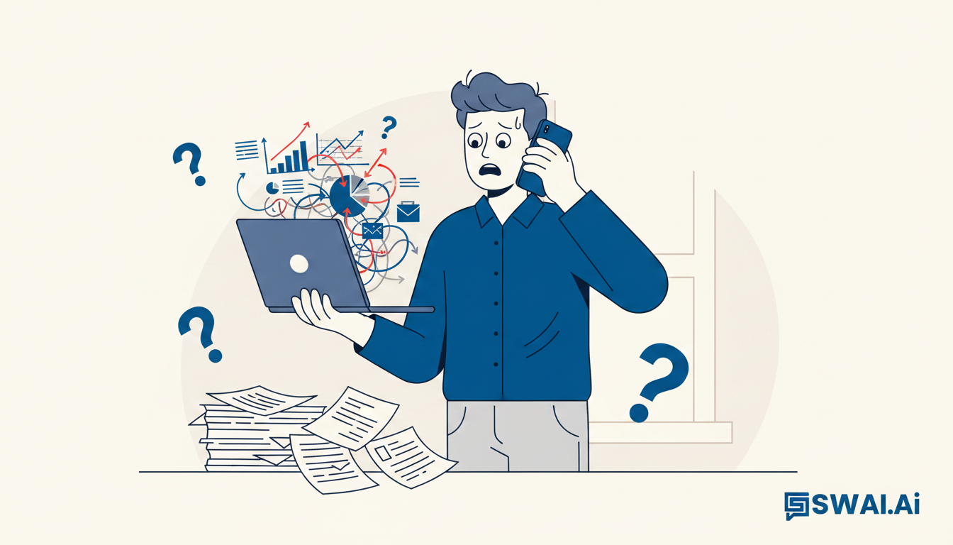 An expressive illustration of a business founder looking overwhelmed, juggling a phone, a laptop, and a stack of papers with question marks floating around them, symbolizing an unpredictable lead flow. The style is modern and clean, using a limited color palette. Aspect ratio: 16:9.