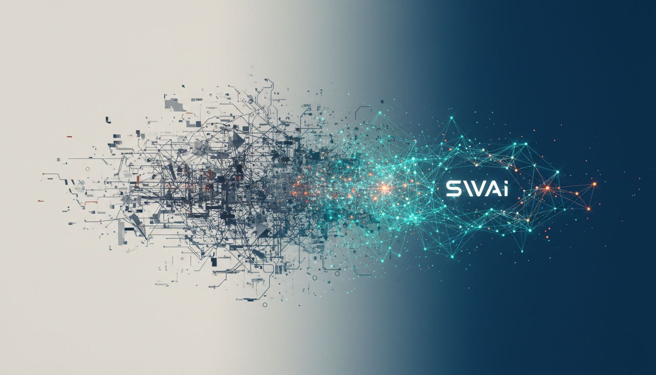 An abstract image showing a chaotic, tangled mess of lines on the left smoothly transforming into a clean, streamlined, and glowing neural network pattern on the right. This visualizes the shift from fragmented automation to a unified, self-correcting AI infrastructure. Aspect ratio: 16:9.