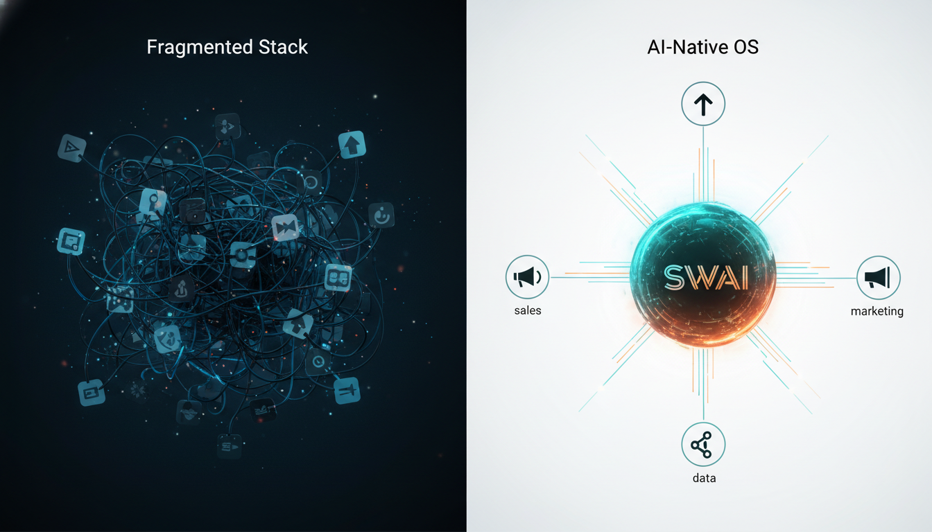 A sleek, modern diptych illustration. On the left side, labeled 'Fragmented Stack', show a messy, tangled web of wires connecting different, generic app icons. On the right side, labeled 'AI-Native OS', show a single, streamlined, glowing central core (representing SWAI) with clean, efficient lines radiating outwards to icons for 'sales', 'marketing', and 'data'. Use a futuristic and clean aesthetic with brand colors. Aspect ratio: 16:9.