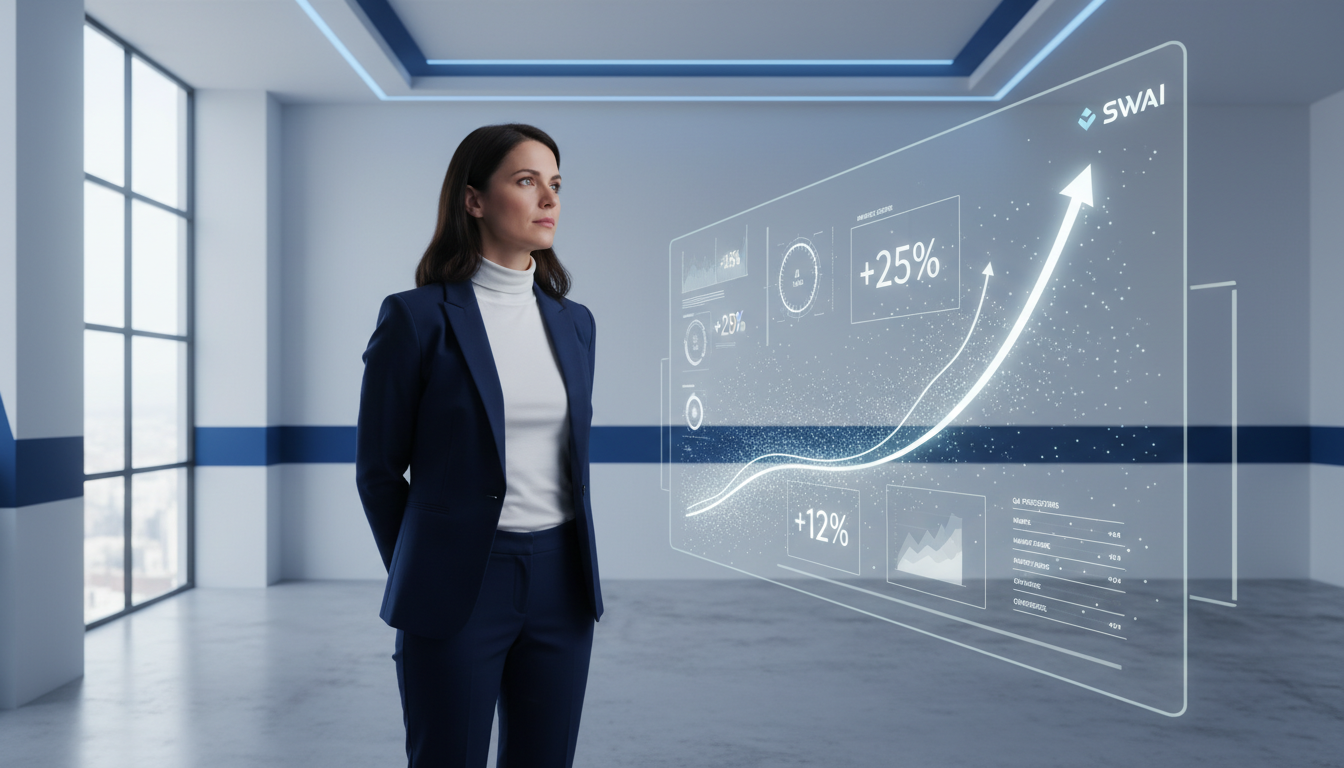 A realistic, high-quality photograph of a confident B2B founder in a modern, minimalist office, looking thoughtfully at a transparent screen displaying clean, futuristic growth charts. The founder is not touching the screen, symbolizing that the system is running autonomously. The mood is calm, strategic, and forward-thinking. Use brand colors #004c82 and #ffffff in the environment and UI elements. Aspect ratio: 16:9.