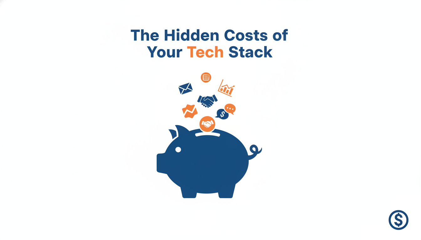 A clean infographic showing a central piggy bank overflowing with logos of various SaaS tools, representing subscription bloat. Use icons for email, CRM, analytics, and social media. The main colors are brand orange and blue on a white background. Title: 'The Hidden Costs of Your Tech Stack'. Aspect ratio: 1:1.