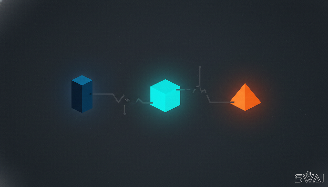 An abstract illustration representing disconnected data silos. Show three separate geometric blocks, glowing in brand colors, with broken, fragmented lines between them, signifying a failure to communicate. The background is a clean, dark neutral. Aspect ratio: 16:9.