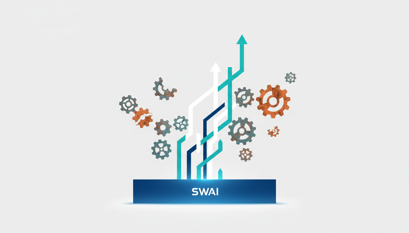 An abstract illustration showing a solid, glowing blue foundation representing a 'structural advantage', from which a streamlined, efficient structure grows upwards. In the background, a chaotic collection of mismatched, rusty gears representing 'tactics' are disconnected and ineffective. Minimalist and modern. Aspect ratio: 16:9.