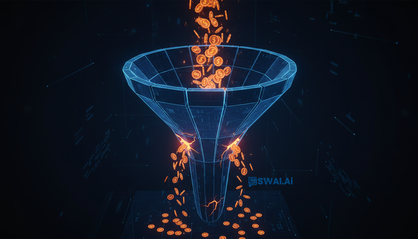 An abstract digital art piece showing a large, intricate funnel glowing in brand blue, with glowing orange coins being poured into the top, but some are leaking out through visible cracks in the side. The background is dark and minimalist. Aspect ratio: 16:9.