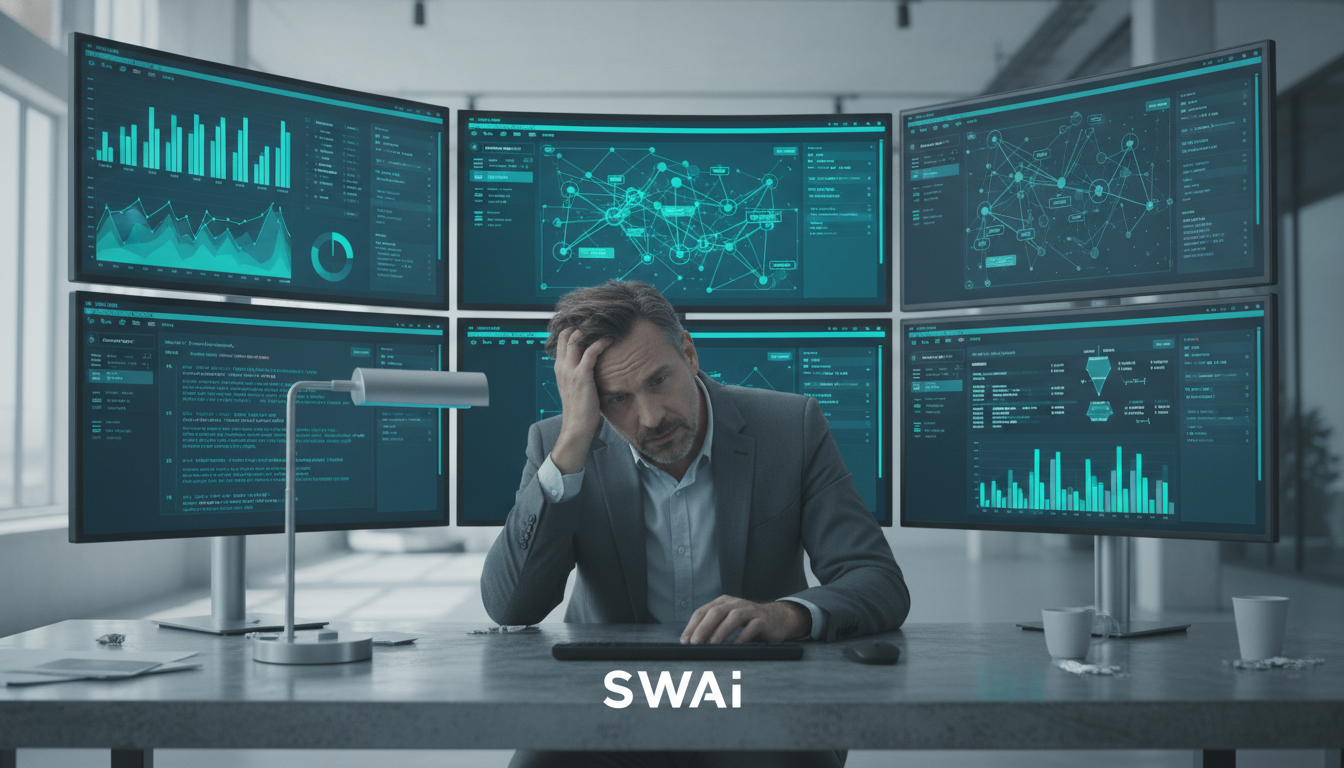 A realistic, slightly desaturated photo of a founder in their 40s looking stressed, surrounded by multiple glowing screens showing different software dashboards that don't connect. The mood should be one of being overwhelmed by complexity. The office is modern and clean, but the focus is on the person's frustration with technology. Aspect ratio: 16:9.