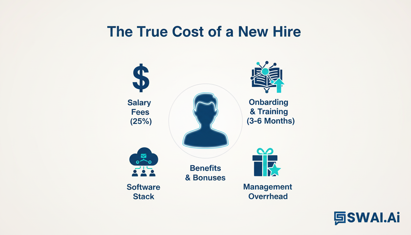 A clean, modern infographic breaking down the 'True Cost of a New Hire'. A central icon of a person is surrounded by smaller icons and text for 'Salary', 'Recruitment Fees (25%)', 'Onboarding & Training (3-6 Months)', 'Benefits & Bonuses', 'Management Overhead', and 'Software Stack'. Uses brand colors for a professional feel. Aspect ratio: 1:1.