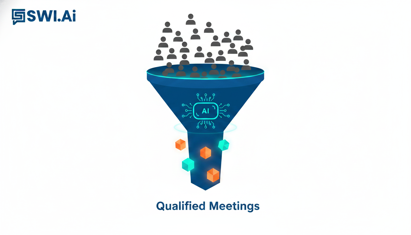 A clean infographic showing a sales funnel. At the wide top, many generic lead icons are entering. An AI bot icon is positioned as a filter, and only a few high-quality, glowing lead icons are passing through to the narrow bottom of the funnel, which is labeled 'Qualified Meetings'. Use brand colors. Aspect ratio: 1:1.