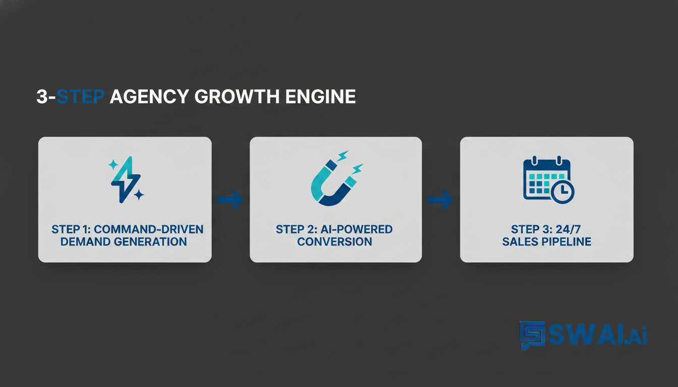 A sleek, professional infographic visualizing a 3-step agency growth engine. Step 1 titled 'Command-Driven Demand Generation' with an icon of a spark. Step 2 titled 'AI-Powered Conversion' with an icon of a magnet. Step 3 titled '24/7 Sales Pipeline' with an icon of a calendar appointment. The steps are connected by clean, flowing arrows on a dark background. Aspect ratio: 16:9.