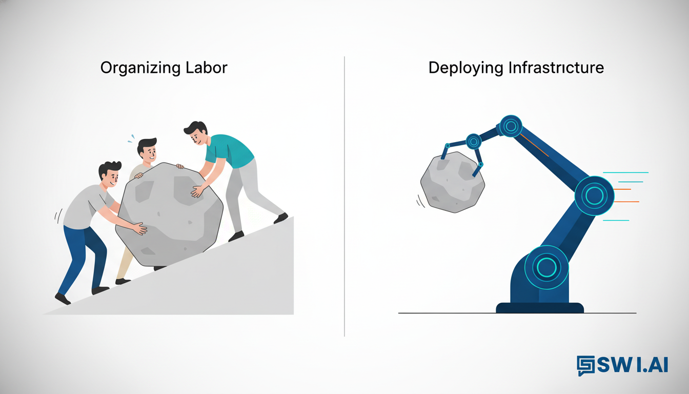A powerful, minimalist illustration comparing two concepts. On the left, a team of stylized people strain to push a large boulder up a hill, titled 'Organizing Labor.' On the right, a single, elegant robotic arm effortlessly lifts the same boulder, titled 'Deploying Infrastructure.' The design should be clean and use brand colors to highlight the contrast in efficiency. Aspect ratio: 16:9.