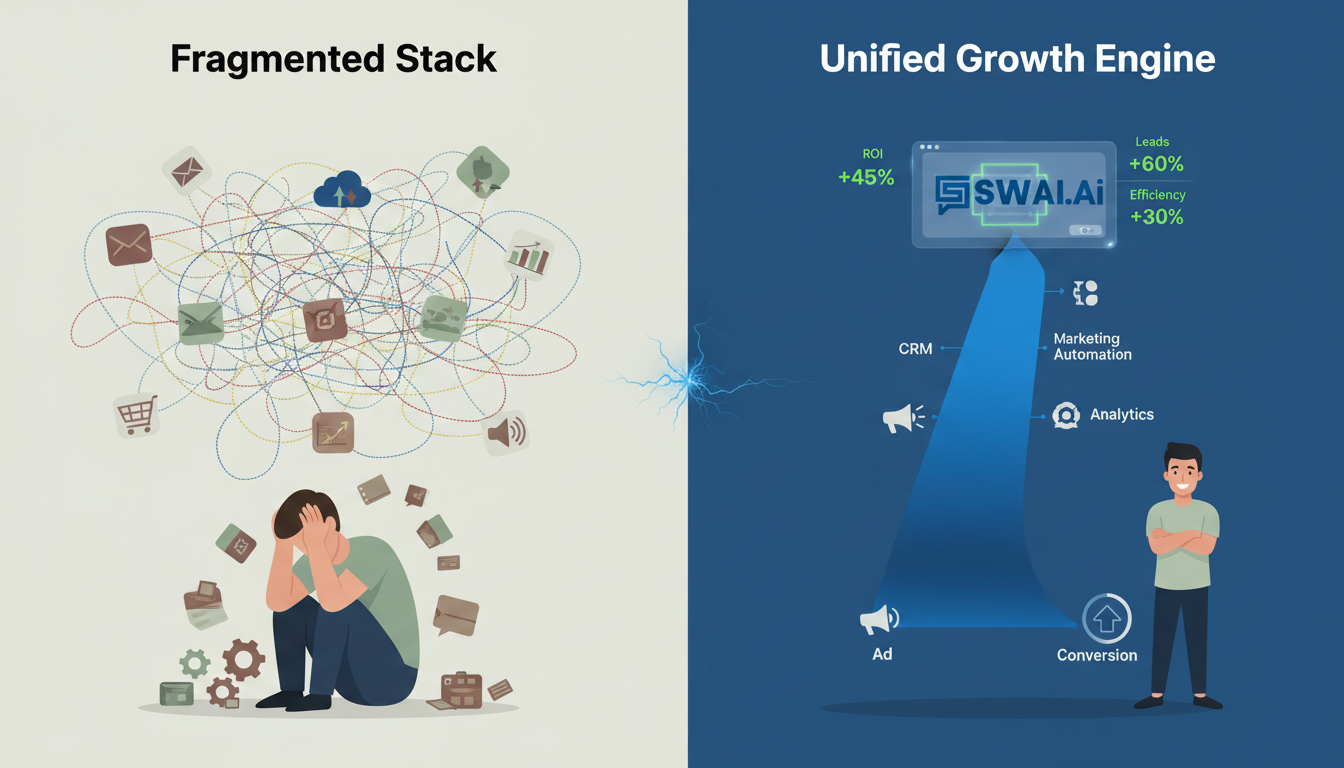 A split-screen illustration comparing two workflows. On the left, labeled 'Fragmented Stack,' show a chaotic diagram with multiple software icons connected by a messy web of dotted lines, leading to a frustrated-looking person. On the right, labeled 'Unified Growth Engine,' show a single, sleek, streamlined pathway from an 'Ad' icon to a 'Conversion' icon, with a calm, confident person observing a clean dashboard. Aspect ratio: 16:9.
