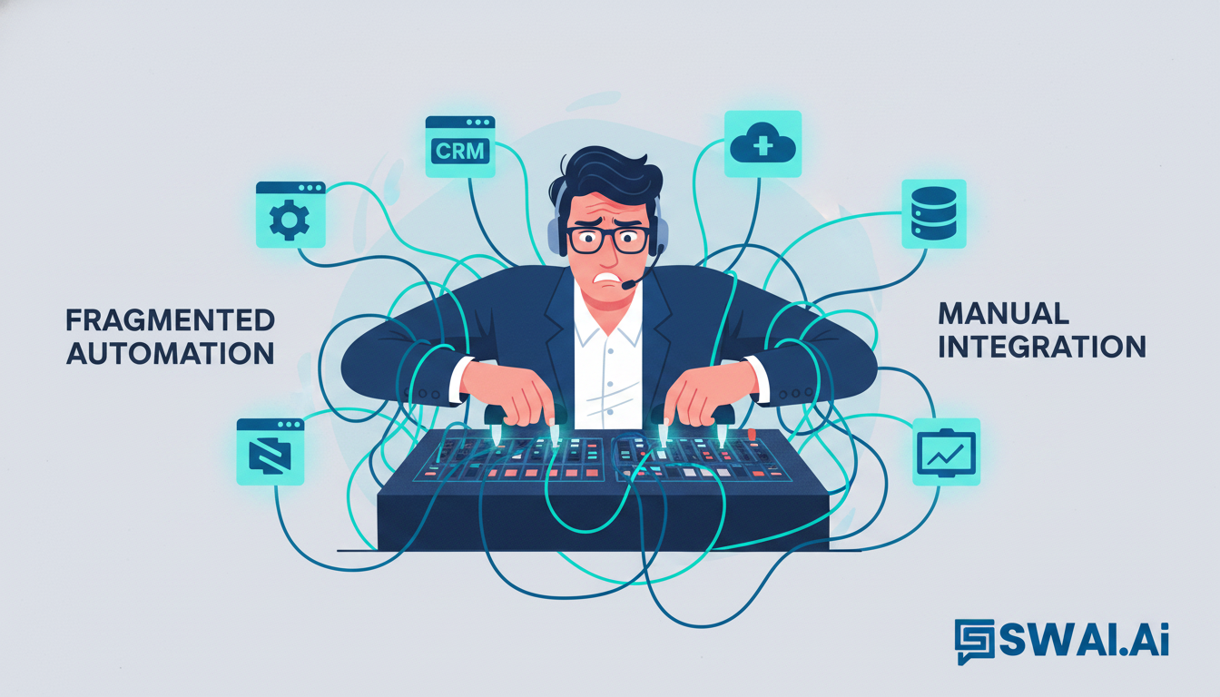 A stylized illustration showing a stressed agency owner at the center of a complex web of interconnected software logos and task arrows, acting as a manual switchboard operator. The overall feeling is one of being overwhelmed by 'automation.' Use a clean, modern style with brand colors. Aspect ratio: 16:9.