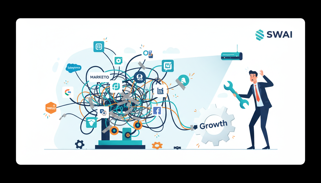 A stylized illustration depicting a complex Rube Goldberg machine made of various marketing and sales software logos, tangled with wires and duct tape. A frustrated business founder is looking at it, holding a wrench, symbolizing the constant need for manual fixes. The machine is sputtering and failing to produce a simple gear labeled 'Growth'. Aspect ratio: 16:9.