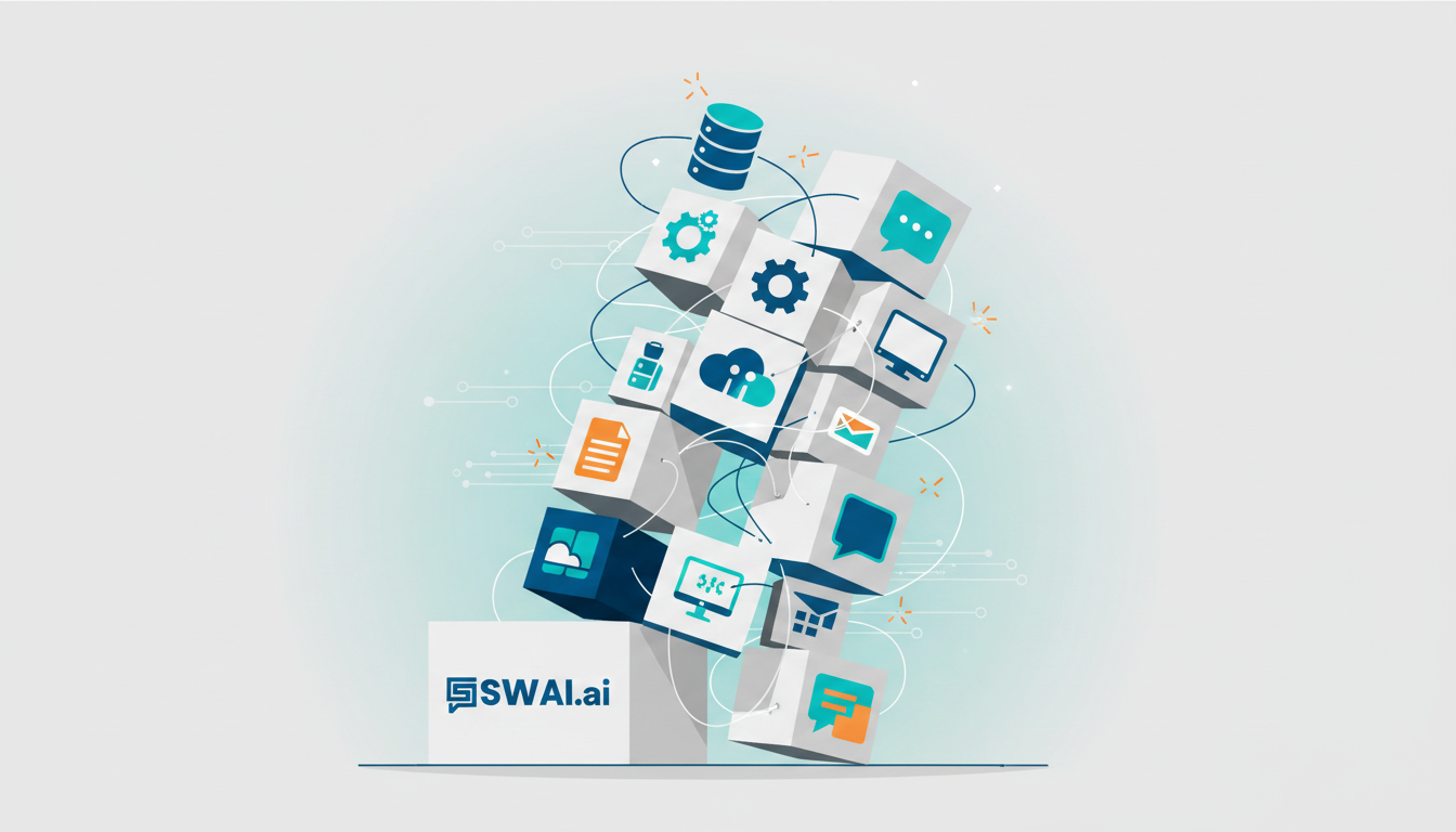 A conceptual illustration of a 'Frankenstack.' Show various software application logos as mismatched, clunky building blocks precariously stacked on top of each other, with tangled wires and sparking connections between them. The overall structure looks chaotic and unstable, symbolizing inefficiency. Use a clean, modern illustration style. Aspect ratio: 16:9.