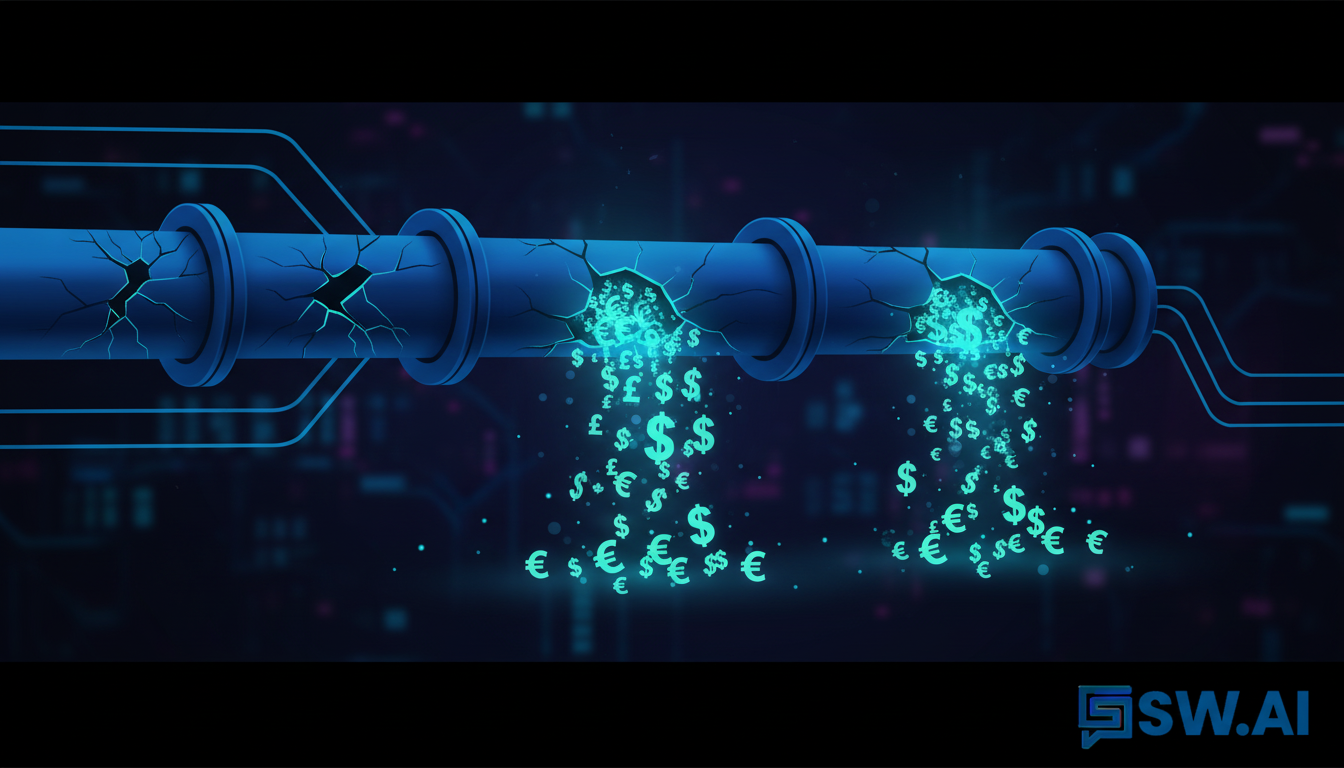 A stylized illustration of a complex digital pipeline with visible cracks, from which glowing currency symbols are leaking out into a dark void. The style is clean, modern, and slightly abstract, representing lost revenue in a digital business. Aspect ratio: 16:9.