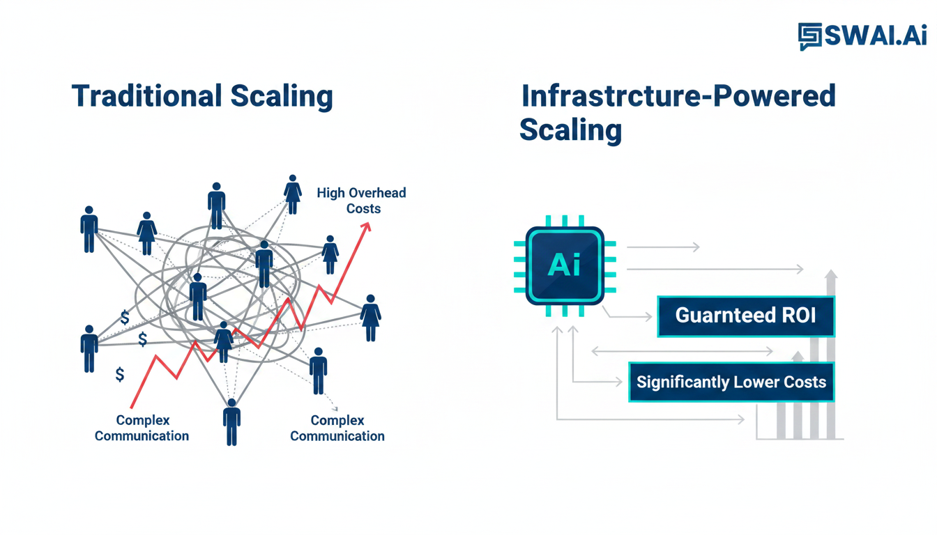 A clean, modern infographic comparing two agency growth models side-by-side. On the left, 'Traditional Scaling' shows a complex diagram of multiple people with high overhead costs and tangled communication lines. On the right, 'Infrastructure-Powered Scaling' shows a single, sleek AI engine with a streamlined workflow leading to 'Guaranteed ROI' and significantly lower costs. Aspect ratio: 16:9.