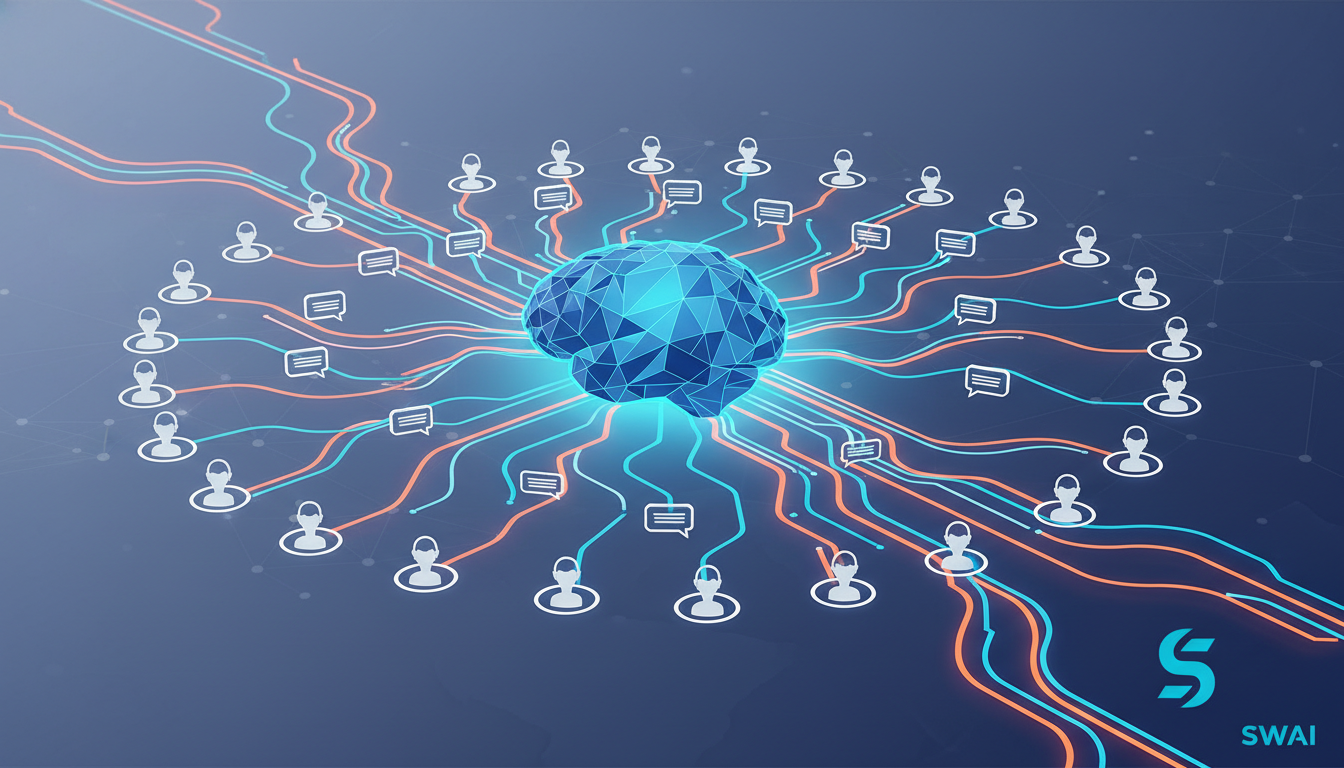A stylized illustration showing a central AI brain connected by glowing data streams to thousands of individual customer profiles around it. The AI is shown sending personalized messages to each profile simultaneously, symbolizing mass personalization and scalability. Modern and clean aesthetic. Aspect ratio: 16:9.