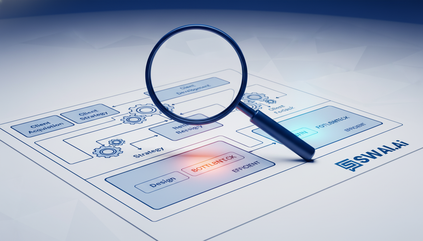 A stylized illustration of a magnifying glass hovering over a complex blueprint of a digital agency's workflow. Some gears in the blueprint are glowing red to signify bottlenecks, while others are glowing blue, indicating efficiency. Modern, clean lines. Aspect ratio: 16:9.