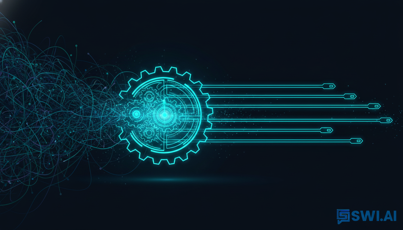 An abstract illustration depicting the transformation from a chaotic, tangled network of lines on one side to a clean, straight, and efficient pipeline on the other. The transition should be marked by a glowing gear or cog, representing automation. Use brand colors dark blue and teal. Aspect ratio: 16:9.