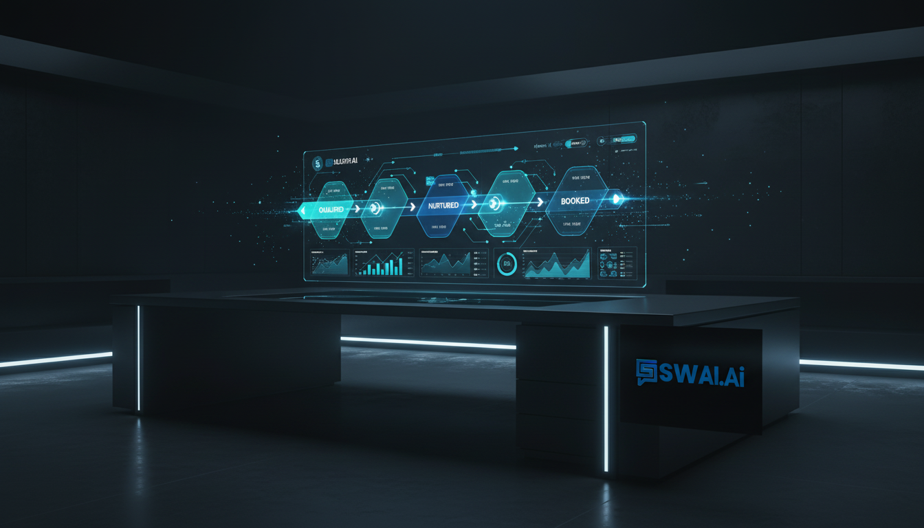 A futuristic, realistic image of a digital dashboard displaying a 24/7 sales pipeline. Holographic elements show leads moving through stages labeled 'Qualified,' 'Nurtured,' and 'Booked' automatically. The background is a modern, dark office environment. No people are visible. Aspect ratio: 16:9.