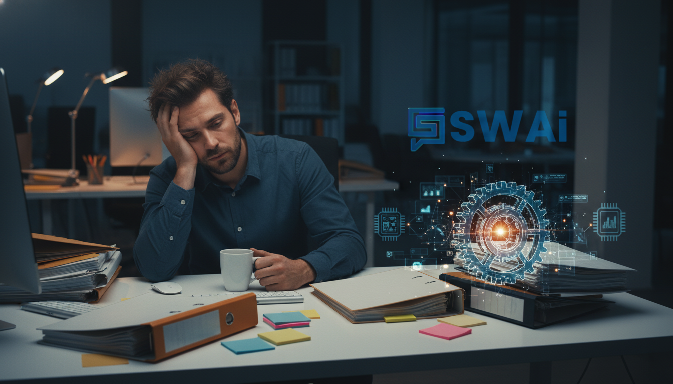 A realistic photo of a digital agency founder looking stressed, sitting in a dimly lit office surrounded by stacks of paper and sticky notes. In the foreground, a single glowing gear with an AI-chip pattern is shown, representing the solution. The mood is one of being overwhelmed but with a glimmer of hope. Aspect ratio: 16:9.