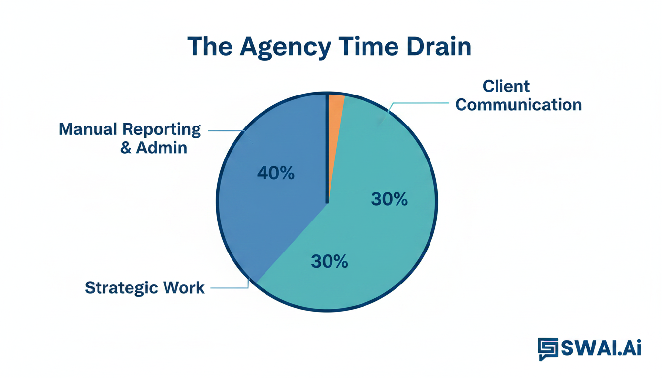 A clean and professional infographic titled 'The Agency Time Drain' showing a pie chart where 40% is labeled 'Manual Reporting & Admin', 30% 'Client Communication', and only 30% 'Strategic Work'. Use brand colors. Aspect ratio: 4:3.