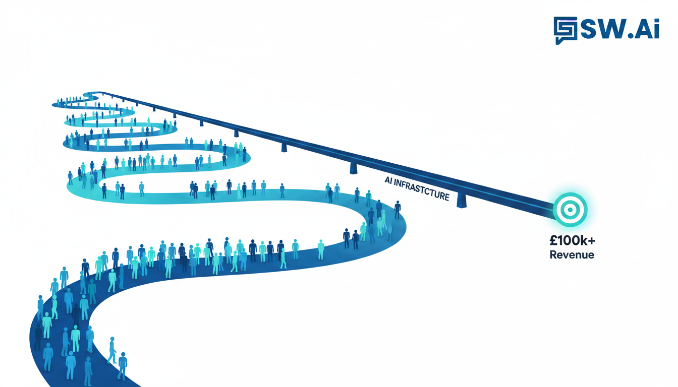 A sleek, minimalist illustration contrasting two paths. On the left, a long, winding road with many human icons representing a growing headcount. On the right, a direct, high-speed monorail labeled 'AI INFRASTRUCTURE' leading straight to a goal labeled '£100k+ Revenue'. The style is modern and clean. Aspect ratio: 16:9.