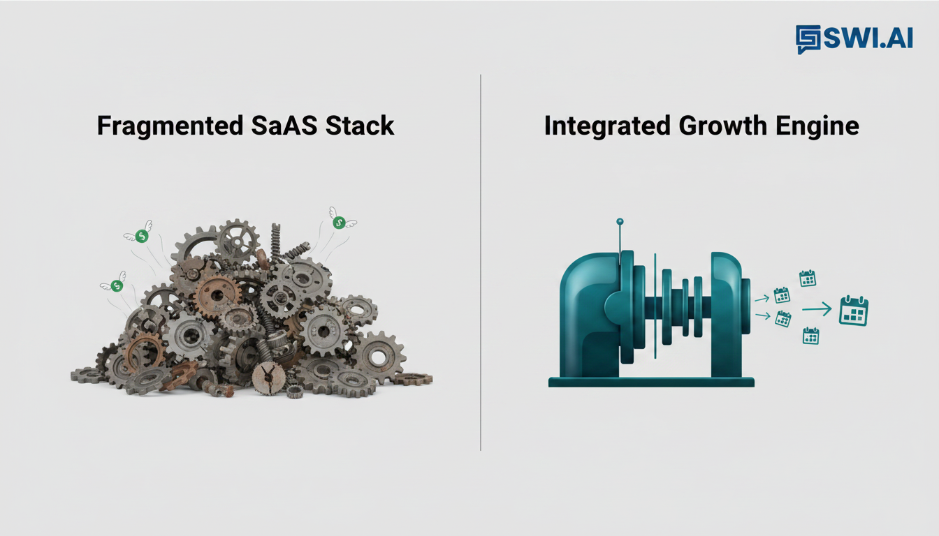 A clean, side-by-side comparison graphic. On the left, a pile of mismatched, clunky gears labeled 'Fragmented SaaS Stack' with dollar signs flying away. On the right, a single, elegant, and efficient machine labeled 'Integrated Growth Engine' producing a steady stream of calendar appointment icons. The style is modern and minimalist. Aspect ratio: 16:9.