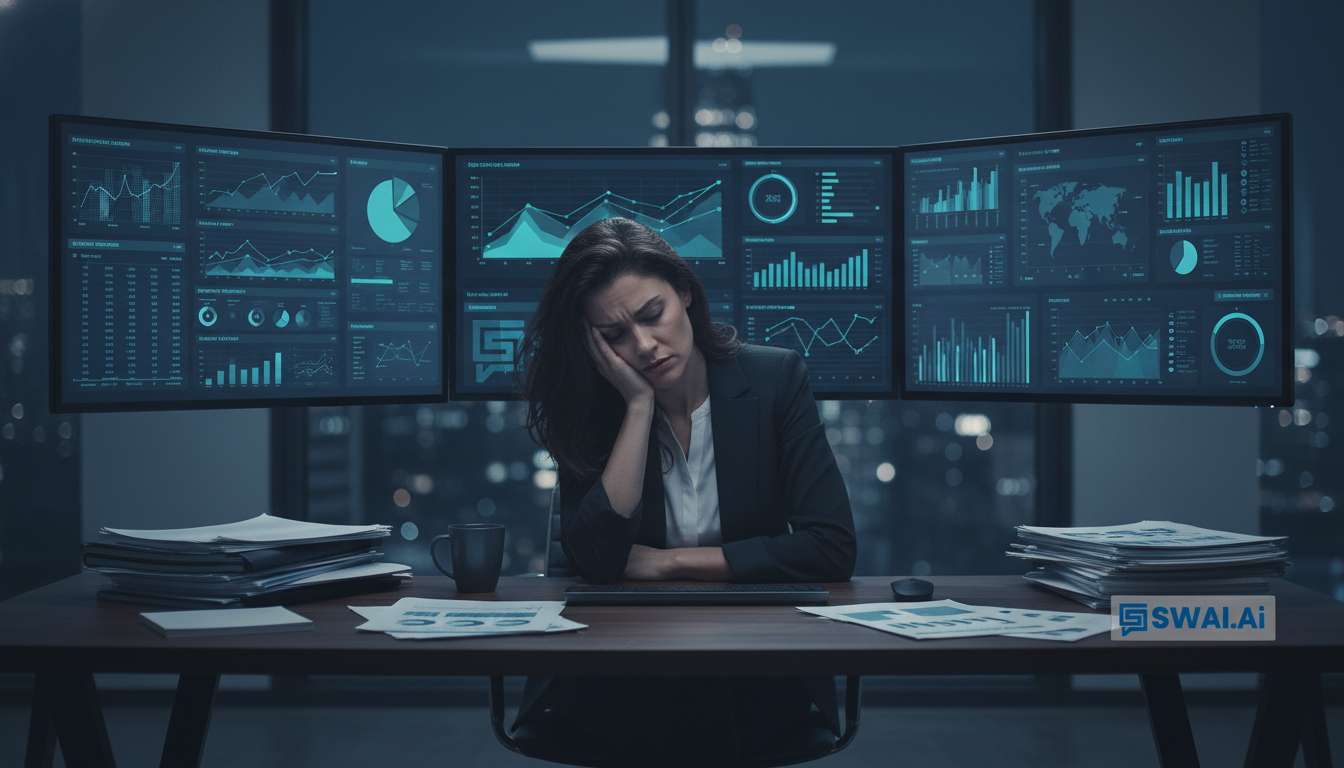 A realistic photo of a frustrated agency founder sitting at a desk cluttered with papers and multiple screens showing different software dashboards. The lighting is slightly dim and stressful. The focus is on the founder's tired expression. Aspect ratio: 16:9.