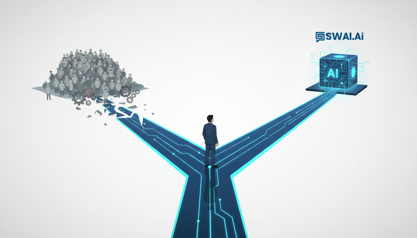 A stylized illustration depicting a fork in the road for an agency founder. One path shows a crowd of people and gears, representing manual hiring and complexity. The other path leads to a sleek, glowing, and streamlined AI core, representing an operator-less infrastructure. The style is modern and clean. Aspect ratio: 16:9.