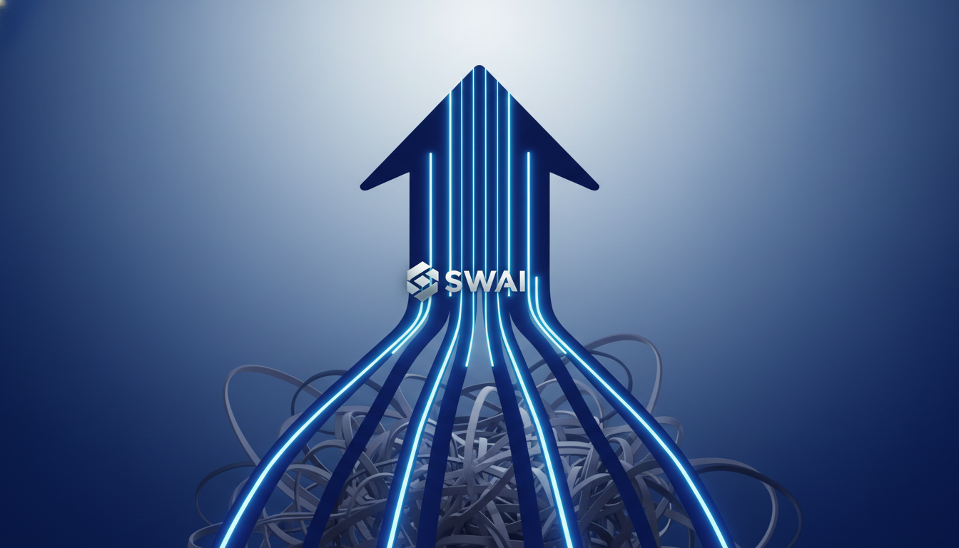 An abstract digital art piece visualizing the concept of business growth efficiency. Show sleek, streamlined light trails in brand colors (#084f85, #4ECACE) moving smoothly upwards, contrasted with a chaotic, tangled mess of darker, faded lines representing an outdated system. Minimalist and modern aesthetic. Aspect ratio: 16:9.