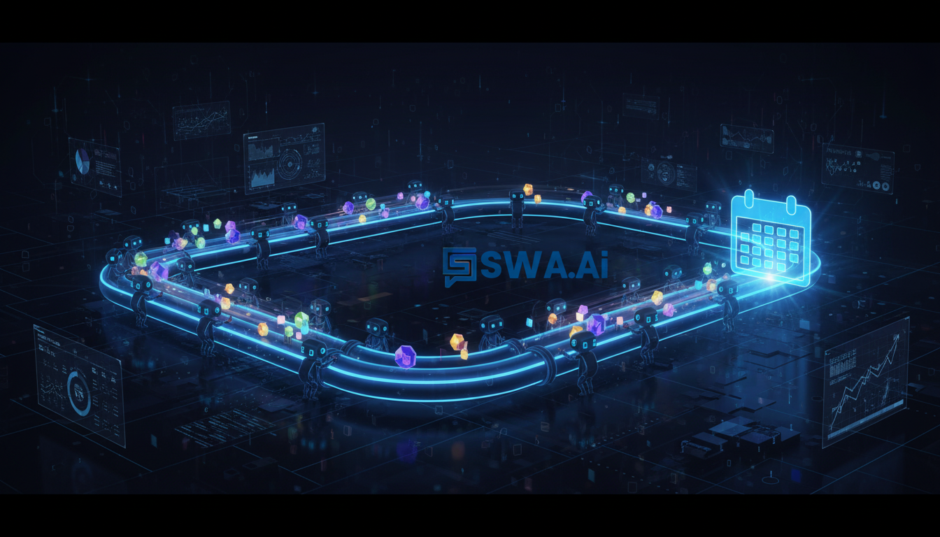 A futuristic illustration depicting a seamless, glowing blue pipeline. Inside the pipeline, small AI robots are engaging with data points (representing leads), nurturing them along the path towards a calendar icon at the end. The background is dark, emphasizing the technology. Aspect ratio: 16:9.