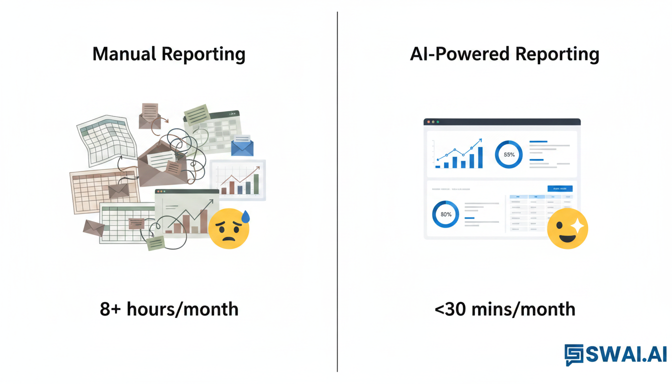 A clean, modern infographic with a split-screen design. On the left, titled 'Manual Reporting,' show chaotic icons for spreadsheets, email, and charts with a stressed emoji and a '8+ hours/month' label. On the right, titled 'AI-Powered Reporting,' show a single, sleek dashboard with clean graphs and a happy emoji with a '<30 mins/month' label. Aspect ratio: 4:3.