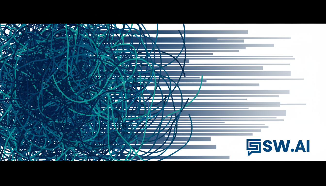 An abstract illustration depicting a transition from a tangled, chaotic mess of lines on the left to a smooth, straight, and organized set of lines on the right. The image should evoke a sense of clarity, efficiency, and control. Use brand colors. Aspect ratio: 16:9.