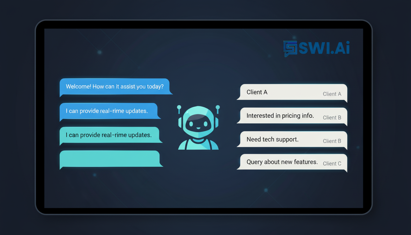 A professional-looking screen showing a chat interface where an AI bot, represented by a sleek avatar, is intelligently conversing with multiple potential client leads simultaneously. The scene conveys efficiency and autonomous communication. Use brand colors. Aspect ratio: 16:9.