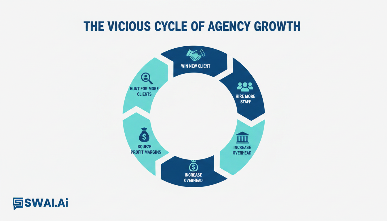A clean, modern infographic in a circular flow diagram illustrating 'The Vicious Cycle of Agency Growth'. The steps should be: 1. Win New Client, 2. Hire More Staff, 3. Increase Overhead, 4. Squeeze Profit Margins, 5. Hunt for More Clients. Use brand colors #094f85 and #4ecace against a light background like #f1f0ee. Aspect ratio: 16:9.
