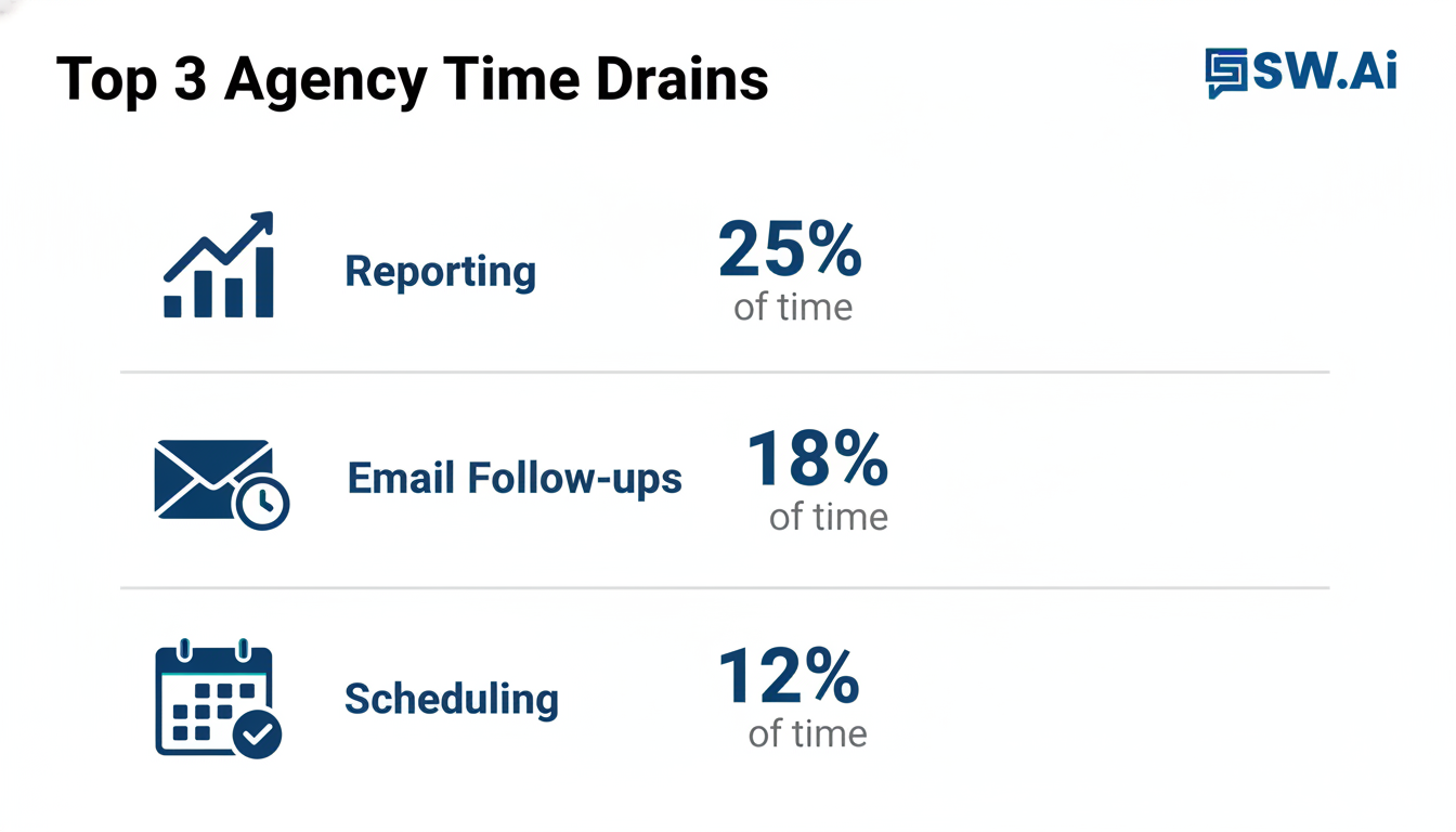 A clean, modern infographic titled 'Top 3 Agency Time Drains'. It features three icons representing reporting (a chart), email follow-ups (an envelope with a clock), and scheduling (a calendar). Each icon is accompanied by a bold, impactful statistic about wasted hours. Aspect ratio: 1:1.