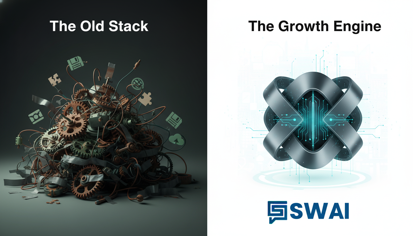 A split-screen illustration. On the left, a chaotic mess of mismatched gears and cogs with different software logos, connected by frayed wires and duct tape, labeled 'The Old Stack'. On the right, a single, sleek, glowing AI engine humming with efficiency, labeled 'The Growth Engine'. The style is modern and clean. Aspect ratio: 16:9.