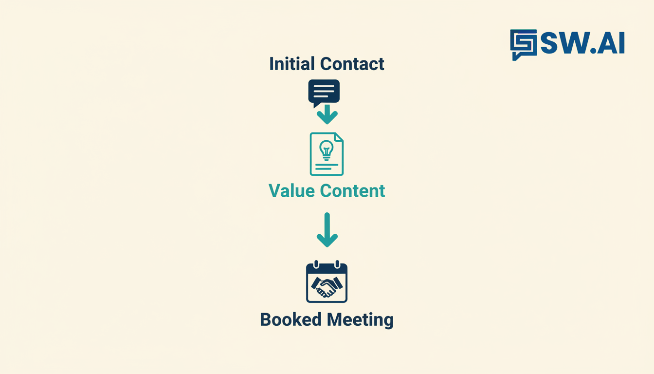 A clean, modern infographic illustrating a simple 3-stage automated lead nurturing funnel. Use icons to represent 'Initial Contact', 'Value Content', and 'Booked Meeting'. The flow should be clear and linear, showcasing systemization. Use brand colors dark blue, off-white, and teal. Aspect ratio: 1:1.
