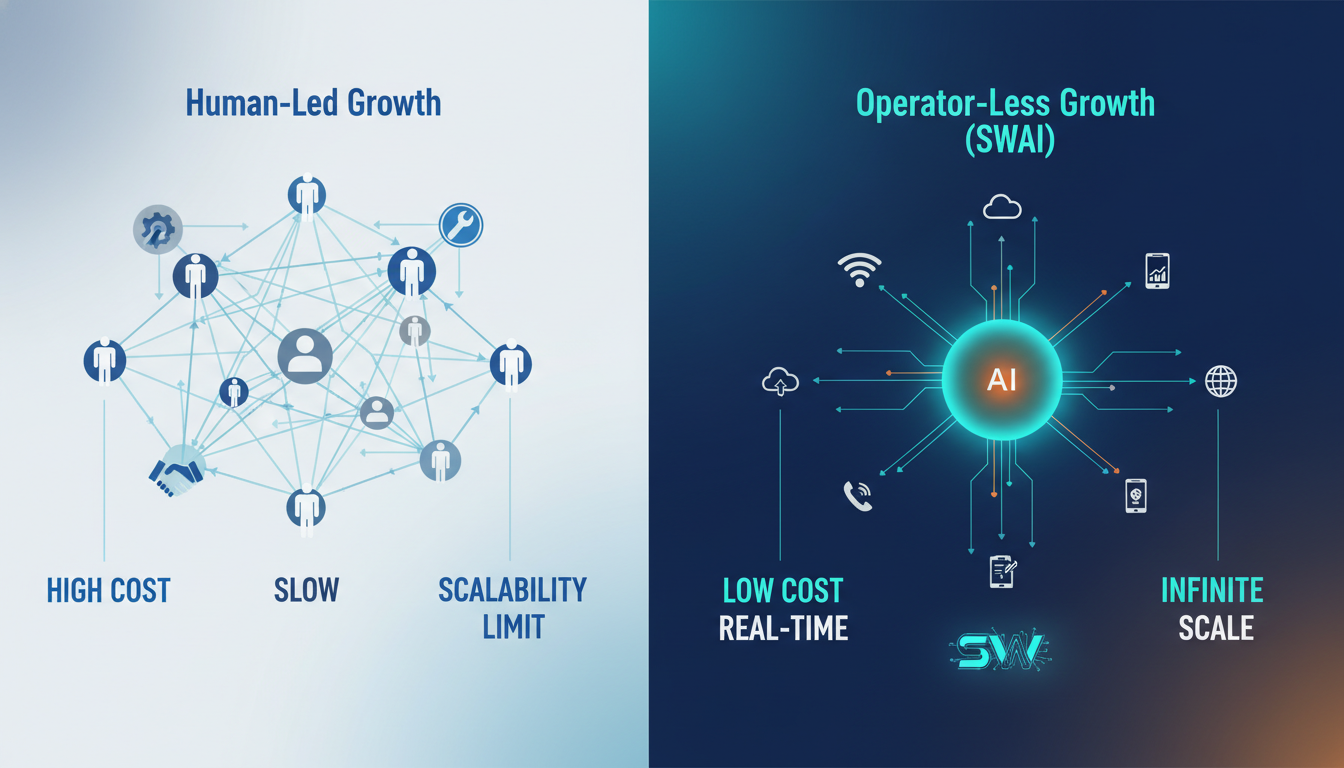 An infographic comparing 'Human-Led Growth' vs. 'Operator-Less Growth'. The human-led side shows a complex, tangled web of people, tools, and arrows labeled 'High Cost', 'Slow', 'Scalability Limit'. The operator-less side shows a clean, streamlined AI core with automated spokes reaching out to various channels, labeled 'Low Cost', 'Real-Time', 'Infinite Scale'. Use brand colors. Aspect ratio: 16:9.