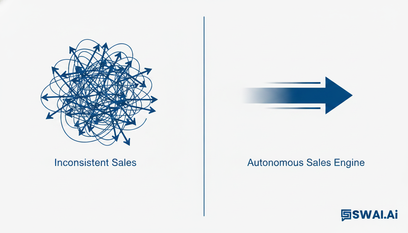 A split-panel illustration. On the left, a chaotic, tangled mess of arrows labeled 'Inconsistent Sales'. On the right, a single, straight, streamlined arrow labeled 'Autonomous Sales Engine'. The style is minimalist and uses the brand's color palette. Aspect ratio: 16:9.