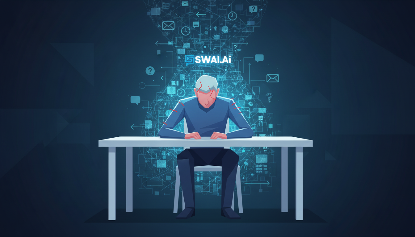 An abstract illustration of a digital agency founder at their desk, looking stressed and overwhelmed. They are entangled in a web of cables and digital icons representing emails, client requests, and project tasks, symbolizing being a bottleneck in their own business. The style should be modern and slightly dramatic. Aspect ratio: 16:9.