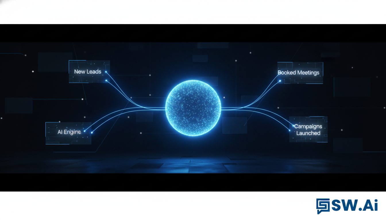 An abstract, futuristic image of a central, glowing blue core (representing an AI engine) with lines of light extending outwards to different outcomes like 'New Leads', 'Booked Meetings', and 'Campaigns Launched'. The feeling is one of effortless command and control. Aspect ratio: 16:9.