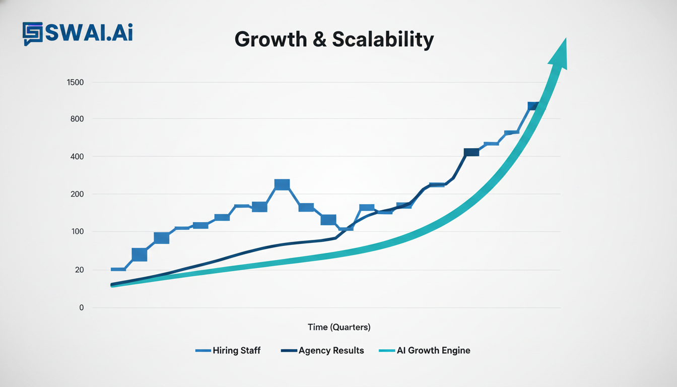 A line graph infographic titled 'Growth & Scalability'. Show three distinct lines over time: 'Hiring Staff' as a choppy, stepwise line; 'Agency Results' as a slow, slightly inconsistent upward curve; and 'AI Growth Engine' as a smooth, exponential upward curve in the brand's teal color, clearly outperforming the others. Aspect ratio: 16:9.